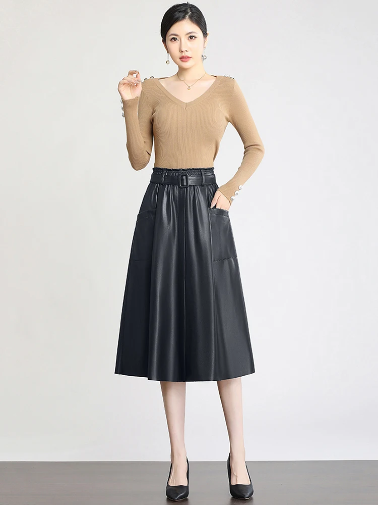 S-5XL New Women Plus Size Leather Skirt Spring Autumn Fashion Stretch Waist A-Line Loose Long Skirt Split Leather Sheepskin