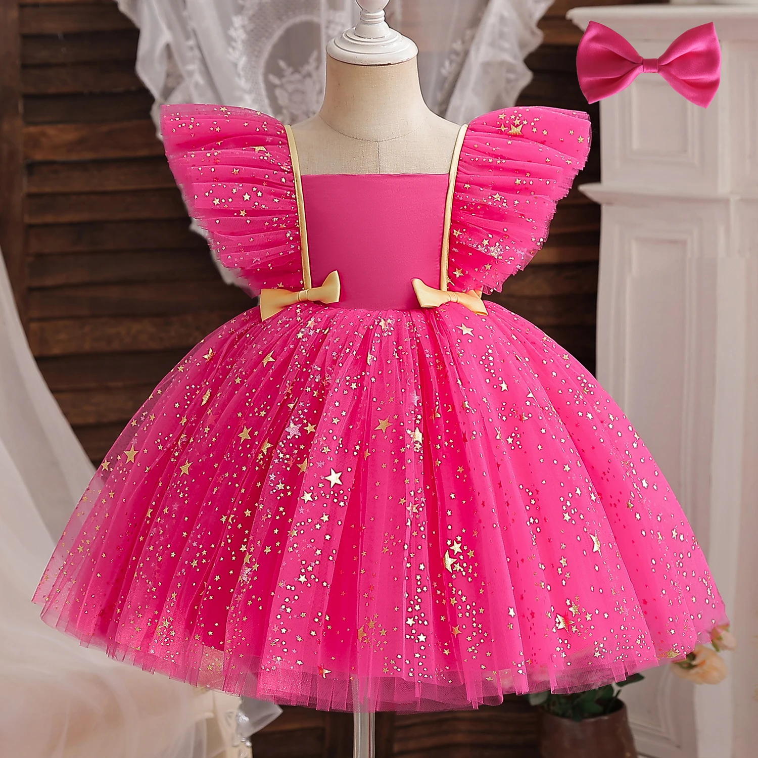 Bubble Sleeves Sequin Girls Dress Pink Sweet Clothing Elegant Evening Girl Dresses Birthday Prom Vestidos for Children Baby