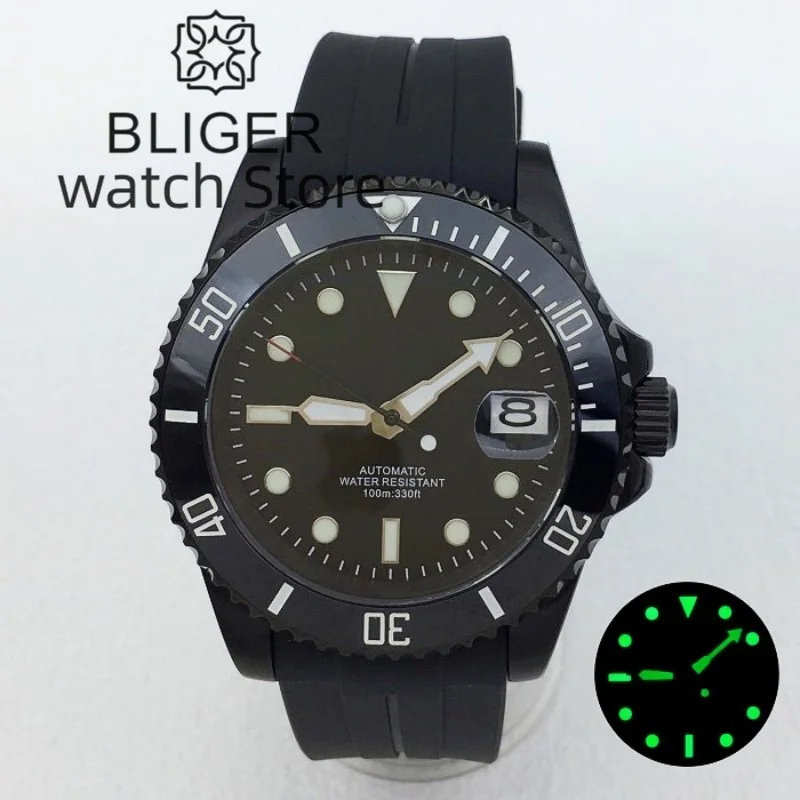 

BLIGER 40mm Mechancial Watch For Men Black Dial Luminous Sapphire Glass NH35A PT5000 Movement Rubber Strap Date Function