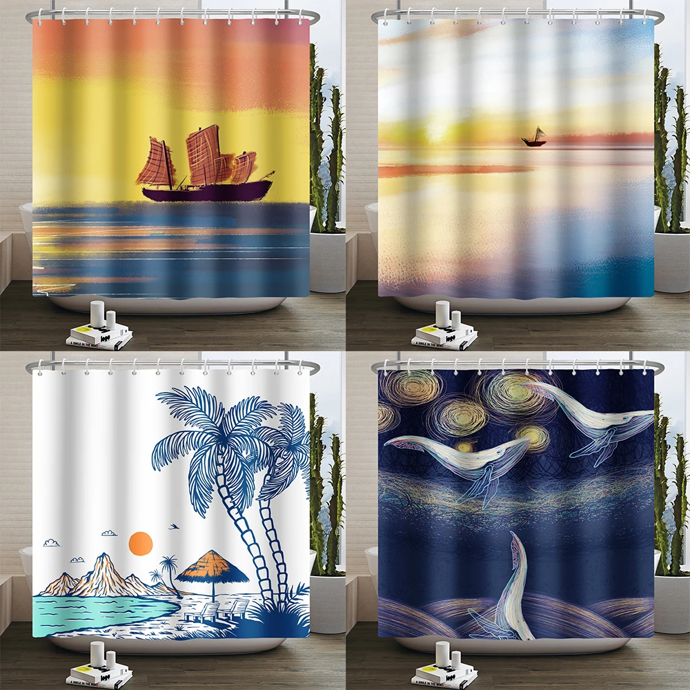 Nautical Ship Shower Curtain Sea Sunset Bathroom Curtain Dream Whale Polyester Waterproof Fabric Shower Curtain for Bathroom
