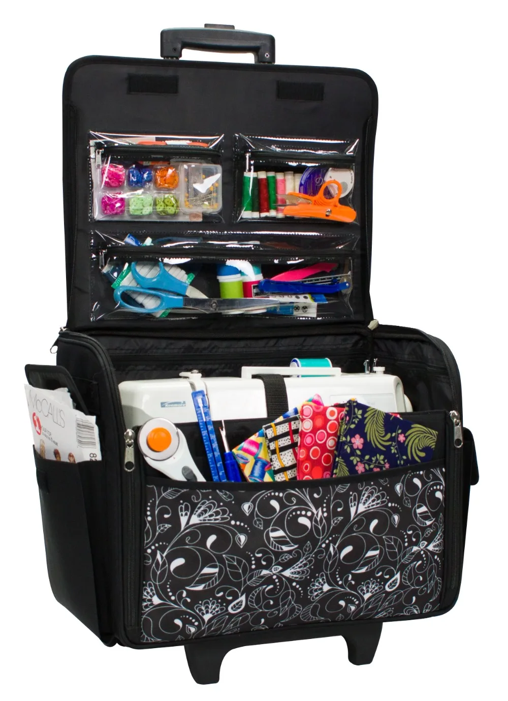 rolling-sewing-machine-armazenamento-e-transporte-tote-com-rodas-preto-e-branco