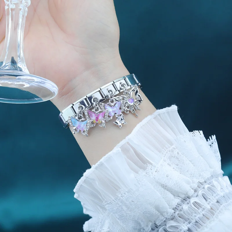 Hapiship 2024 Women Fashion Butterfly Shiny CZ Italian Charms Links Fit 9mm Stainless Steel Bracelet DIY Making Jewelry DJ1091