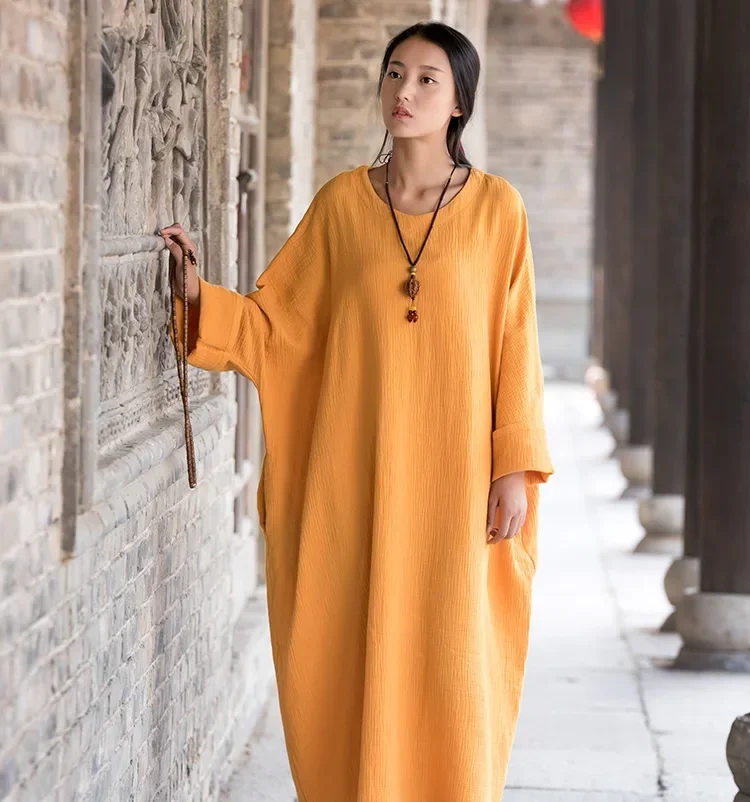 

Linen dress big size Batwing Cotton Women Long Dress Oversized Zen style Solid Robe ete 2021 Femme Gown Loose Casual Maxi Dress