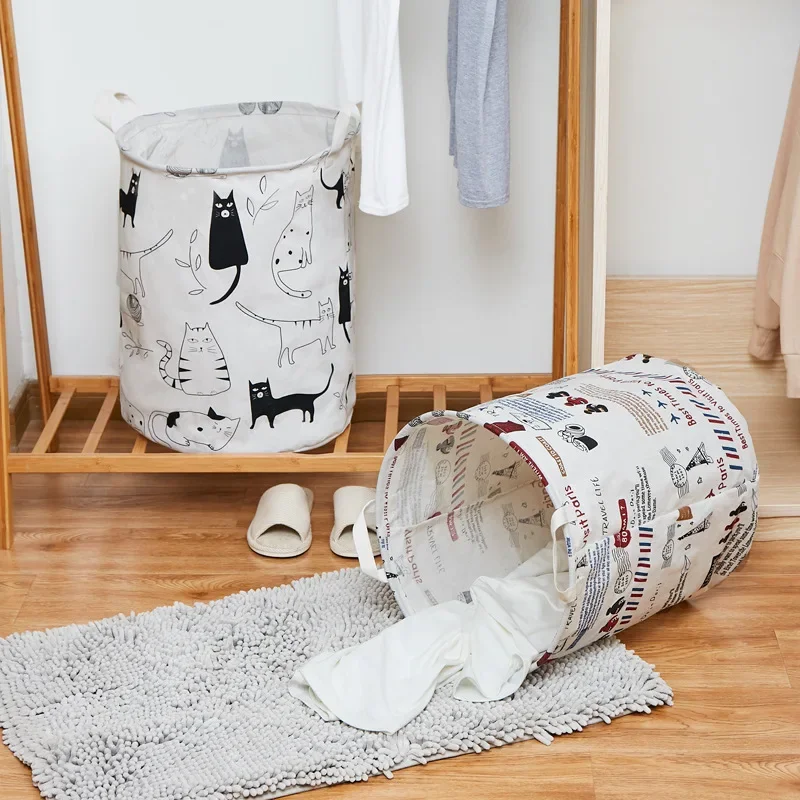 Bedroom Hamper Household  Clothes Bucket Clothes Storage Basket  Foldable Clothes Round Cotton Linen Basket Clothes Toy Storage 3