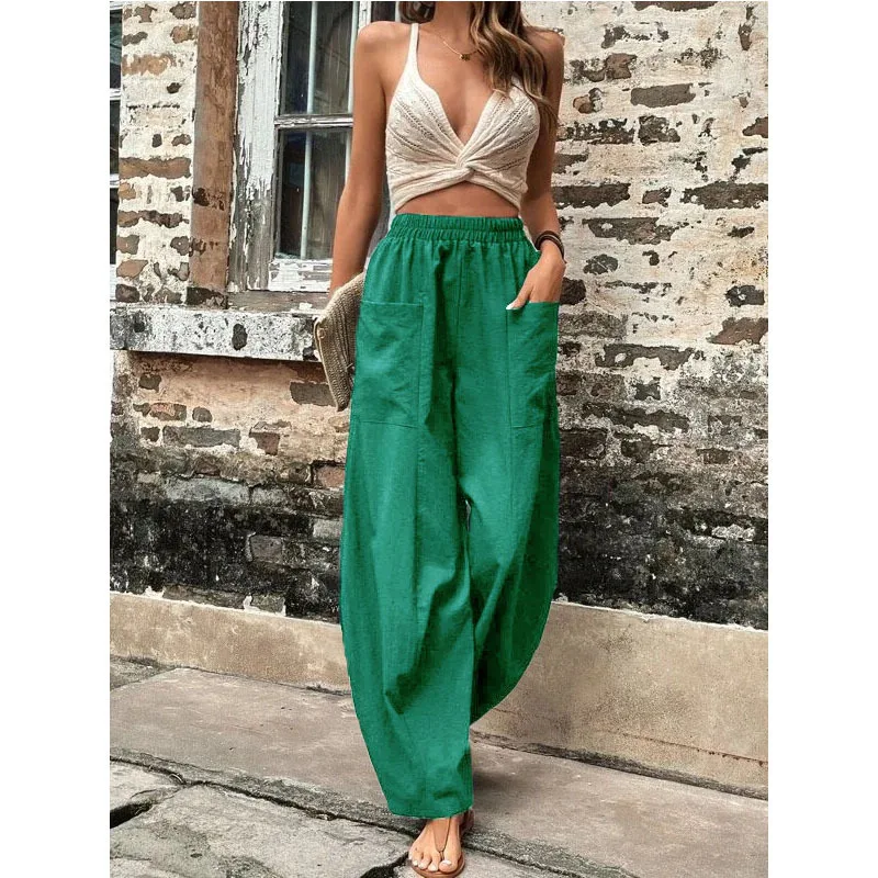Pantalones holgados de cintura elástica para mujer, pantalón informal liso  con bolsillo, de verano