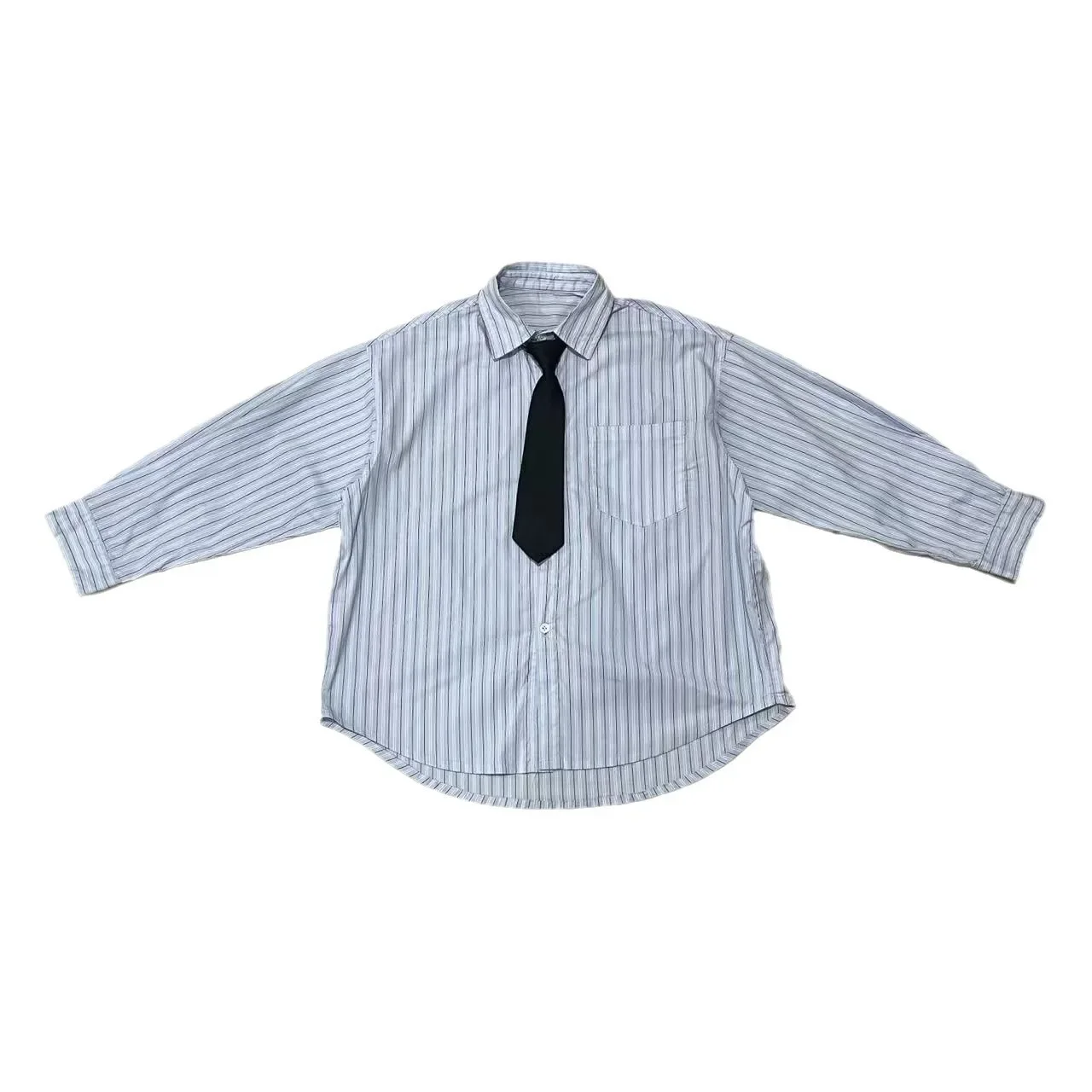 Blue Washed Cotton Shirt for Boys Spring Hot Sale Of The Season Korean Vertical Stripes School Style Tie Children's Clothing Top