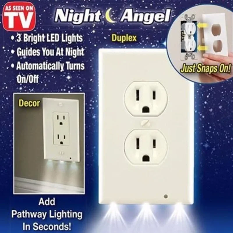 Duplex Electrical Outlet Modern Plugboard Plug-In Electrical Receptacle Wall Plate with LED Night Lights-Auto On/Off Sensor Wall Touch Switch Socket