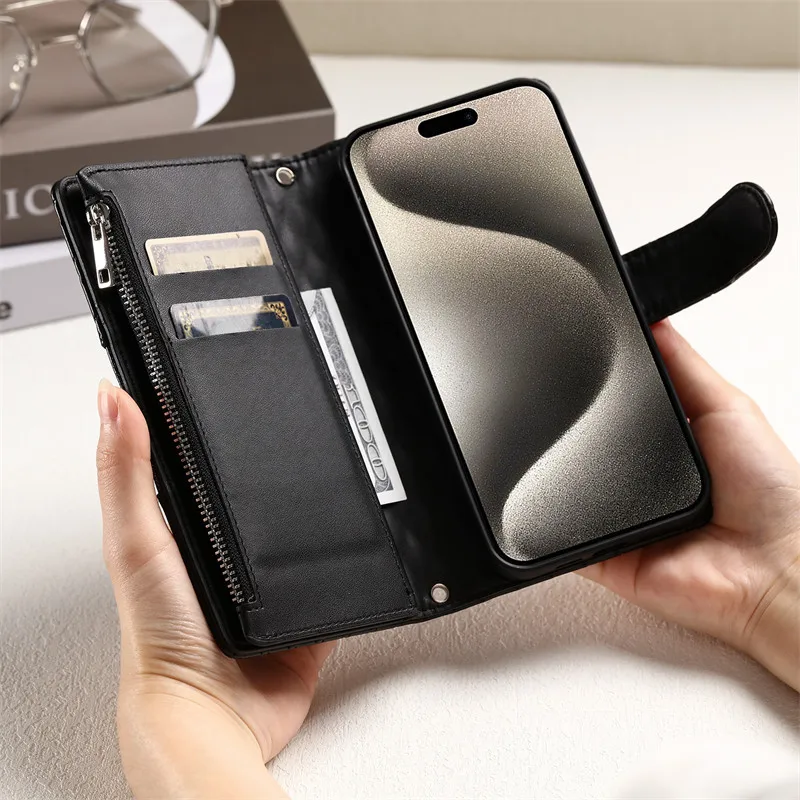 Premium Flip Leather Phone Case with Long Lanyard and Zipper Wallet Card Holder