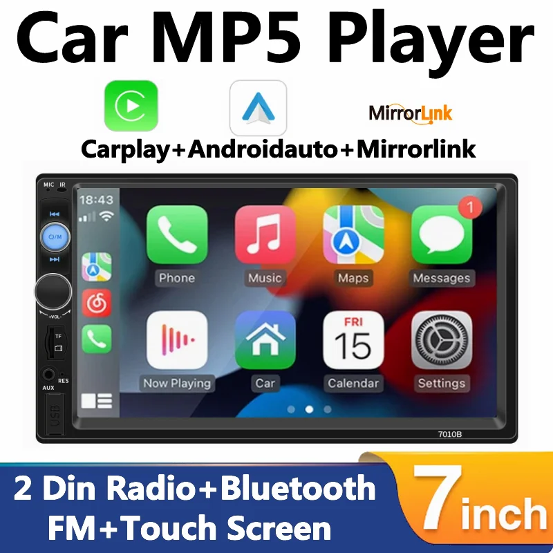 

7 Inch Carplay Android Auto Car Radio 2 Din MP5 Player Touch Screen Multimedia FM ISO Power Aux Input Bluetooth USB Mirror Link