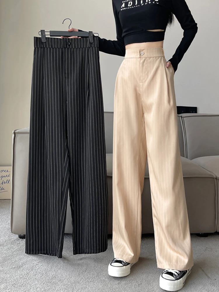 

Spring Striped Suits Women Pants Office Ladies Loose High Wasit Wide Leg Pants INS Woman Straight Long Trousers Mujer Pantlaton