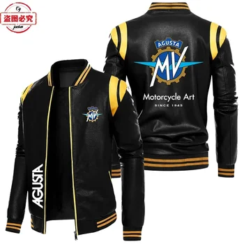 MV Agusta logo motociclistico giacca in pelle di colore a contrasto pu lavato retrò antivento da uomo in velluto autunnale e invernale 1