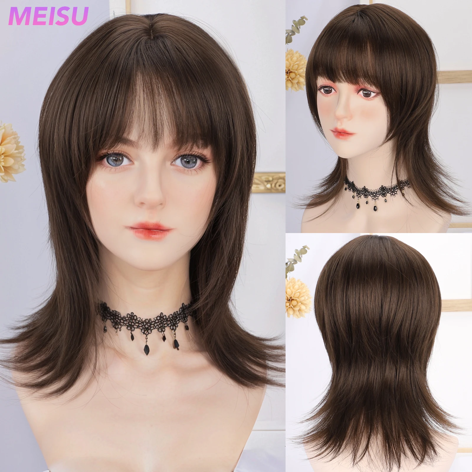 

MEISU 16 Inch Straight Bangs Wig Fiber Synthetic Wig Heat-resistant Non-Glare Natural Cosplay Hairpiece For Women Daily Use
