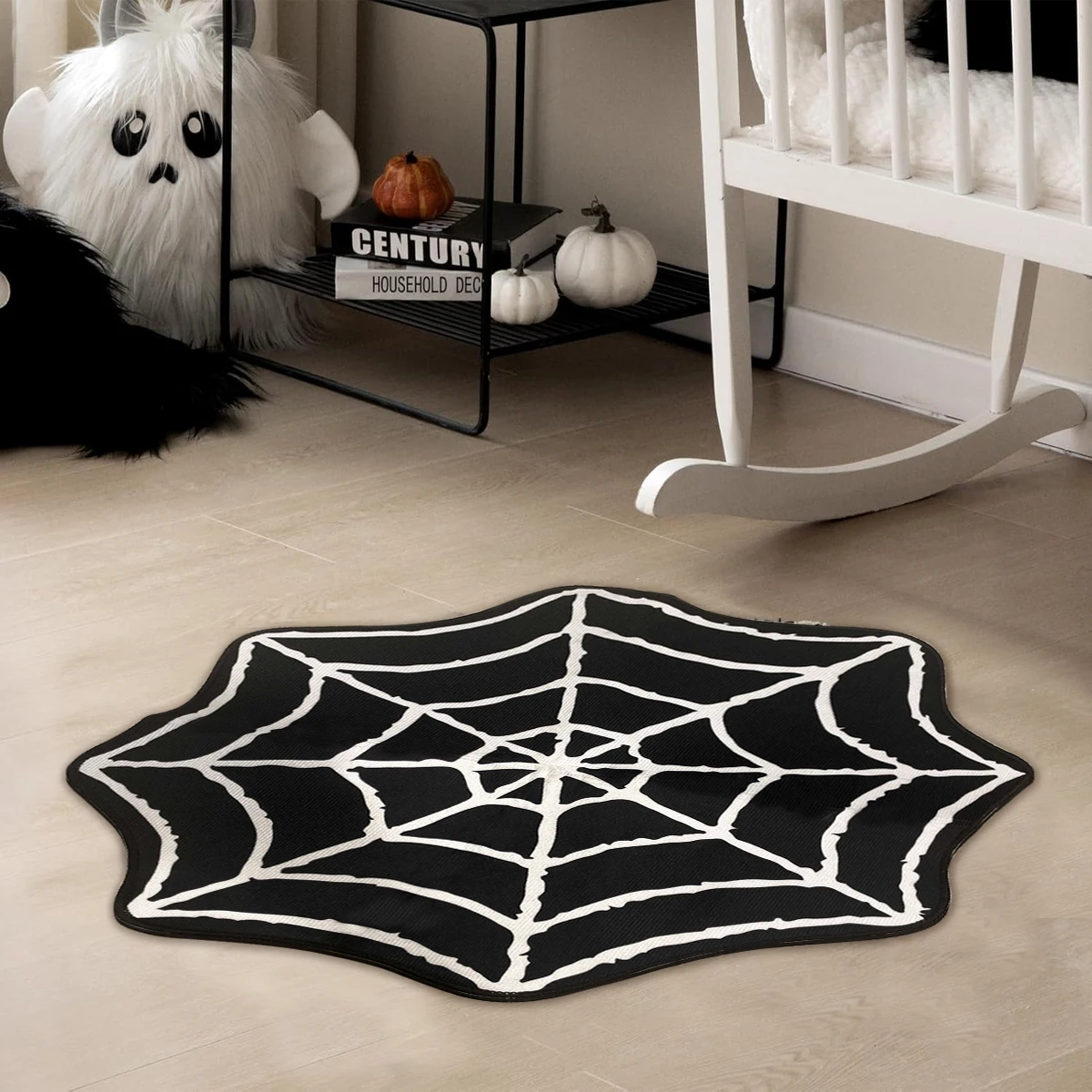 1PC Halloween Party Mat Spider Web Rug Black White Washable Spooky Gothic Rug Non-Slip Spiderweb Accent Rugs for Home Decor