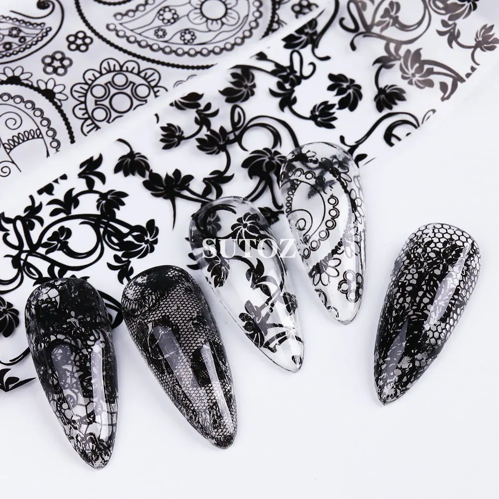 10pcs Black White Lace Nail Stickers Floral Transfer Holographic French Flowers Decals Art Manicure Decoration NLLS-01