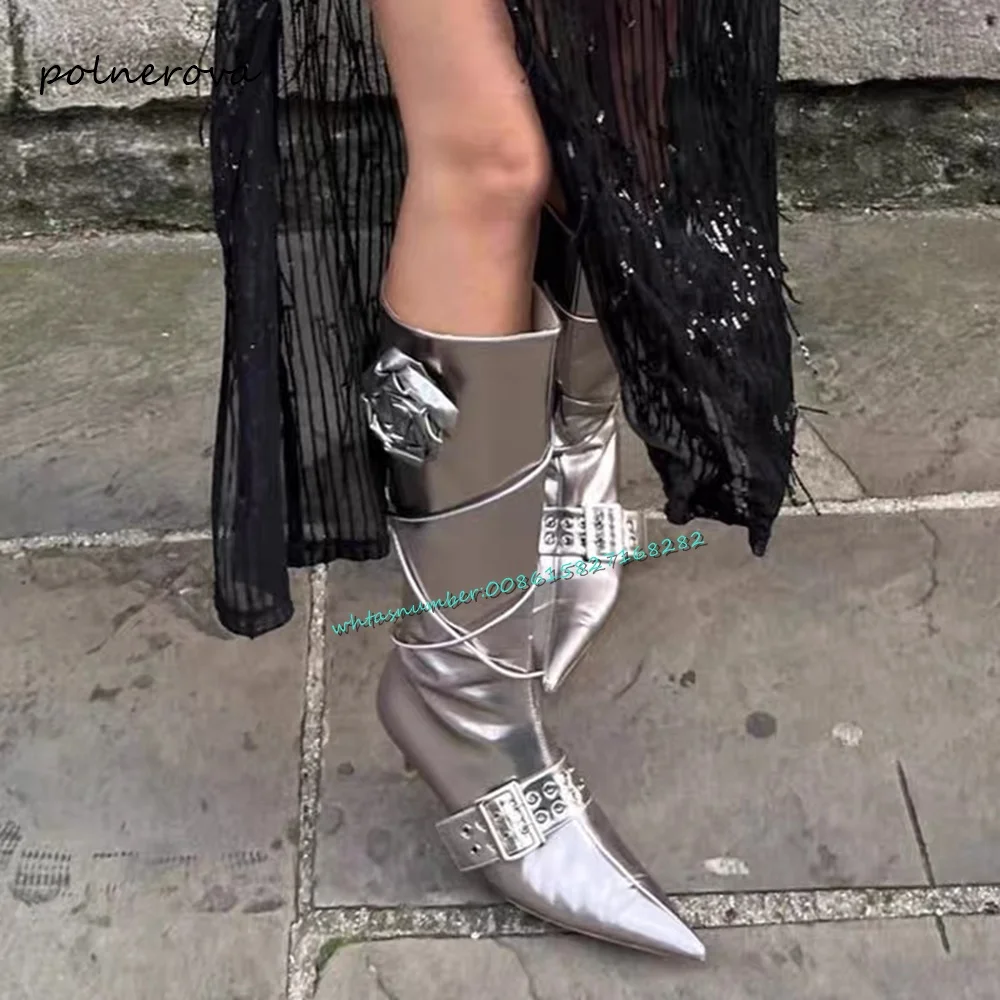 

Newest Silver Leather Mid-Calf Boots Flower Trim Belt Buckle Boots Fashion Banquet Runway Shoes for Women 2023 Autumn Glossy