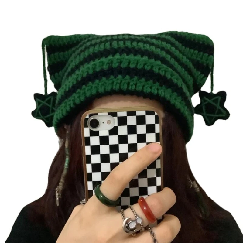 Crochet Stripe Pattern Handmade Cat Ear Hat Soft Winter Warmer Knitted Hat Cold Winter Presents for Students Teenagers 3
