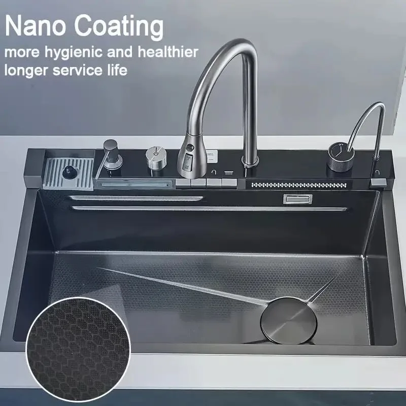 Kitchen Sink With Faucet Digital Display Single Bowl 5 Function Dishwasher Sink Shower Kitchen With Drop Down Faucet