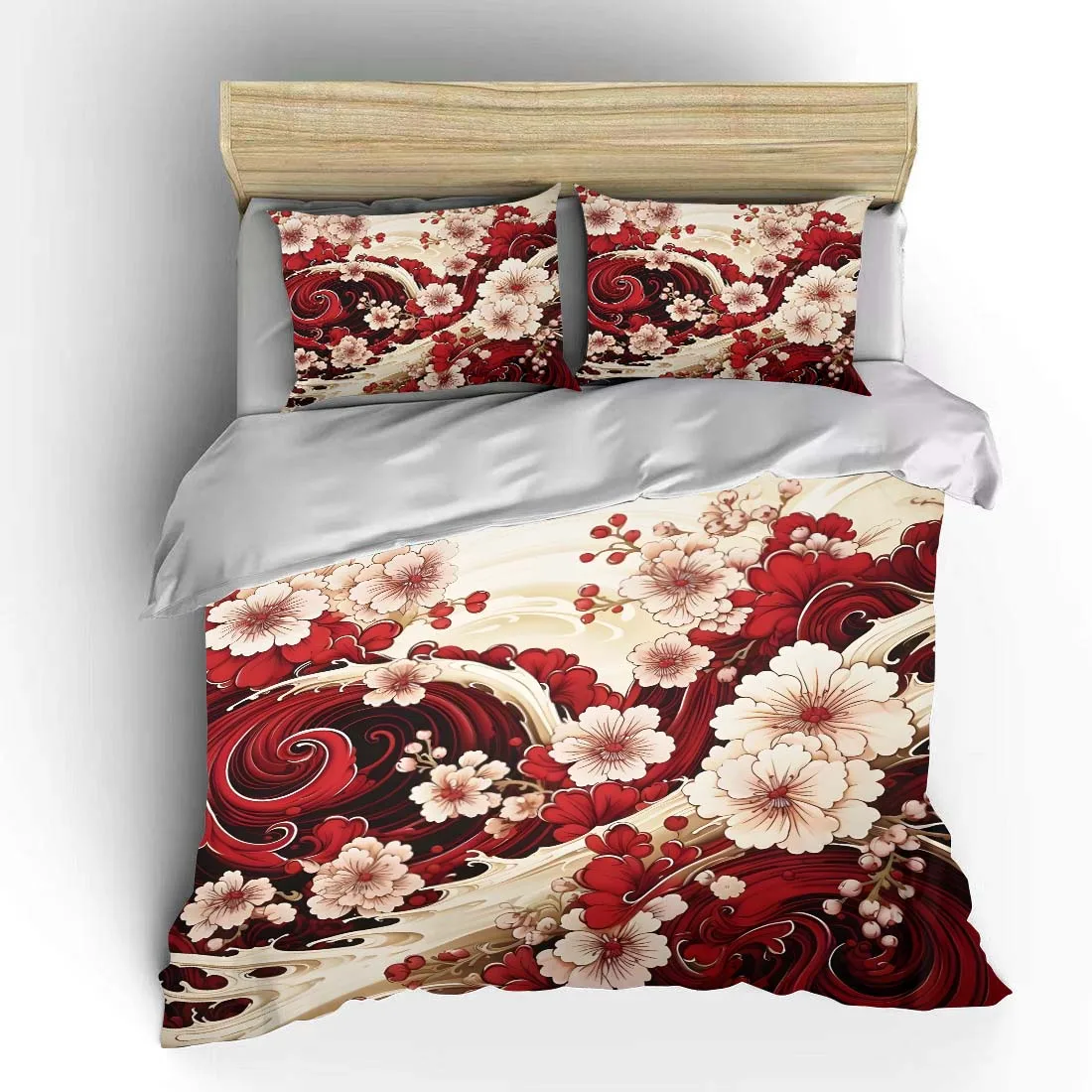 Flowing Red and White Floral Art Bedding Set for Kids Luxury Gift 3pcs Digital Print Comforter Set Soft Comfortable Breathable 5