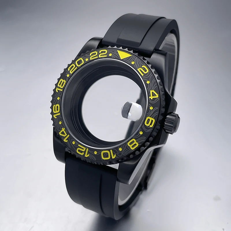 All-Black Sub Style Watch Case with Rubber Strap and Sapphire Crystal