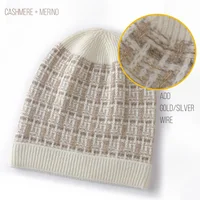 Cashmere Gold Silver Wire Thick Beanies Ribbed Hem Soft Knitted Black Cap Hat Autumn Winter Warm Merino Wool Caps 1