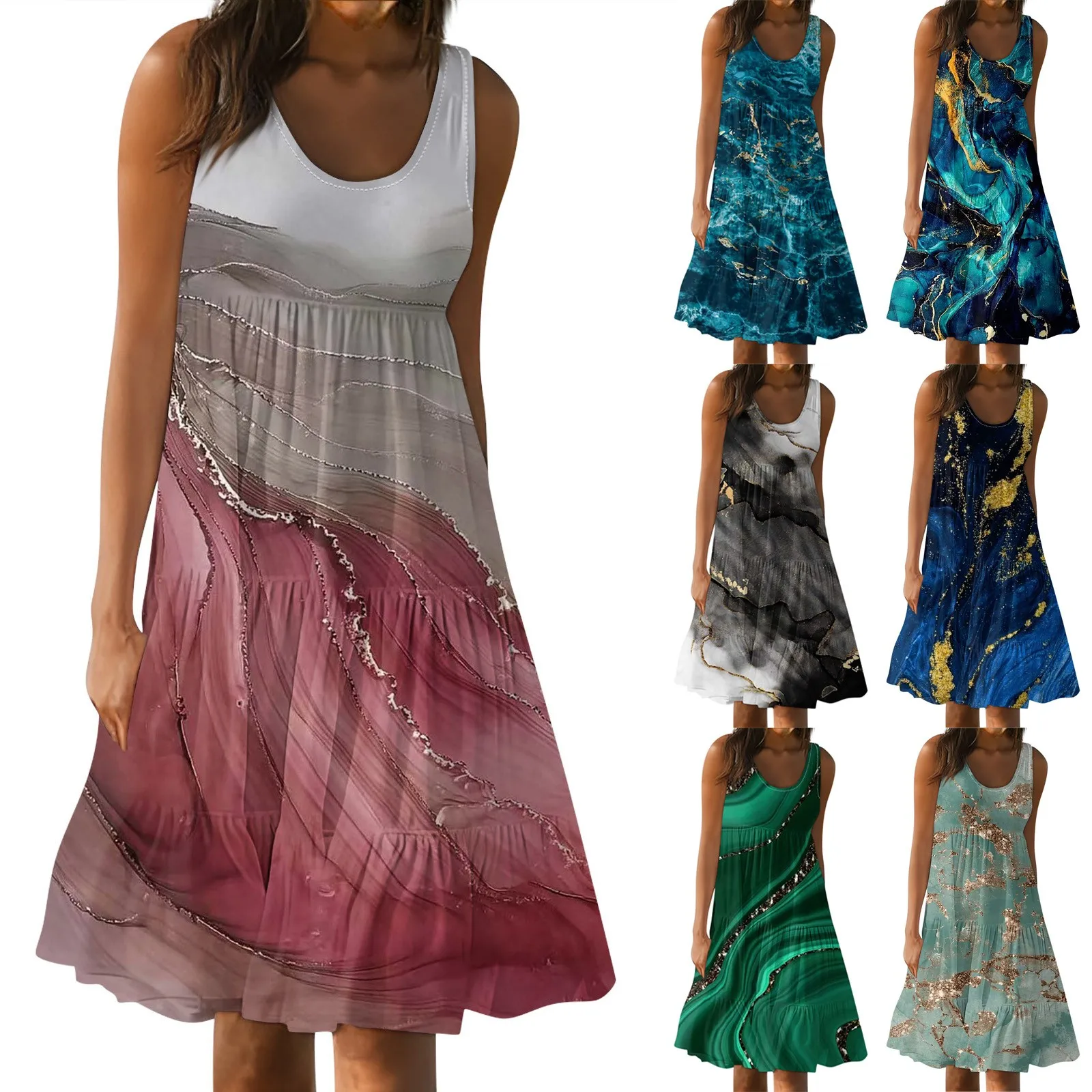 

Women's Summer Spring Pleated Bohemian Dresses Cute Sleeveless Round Neck Flowing Beach Straight Tank Dresses платье женское