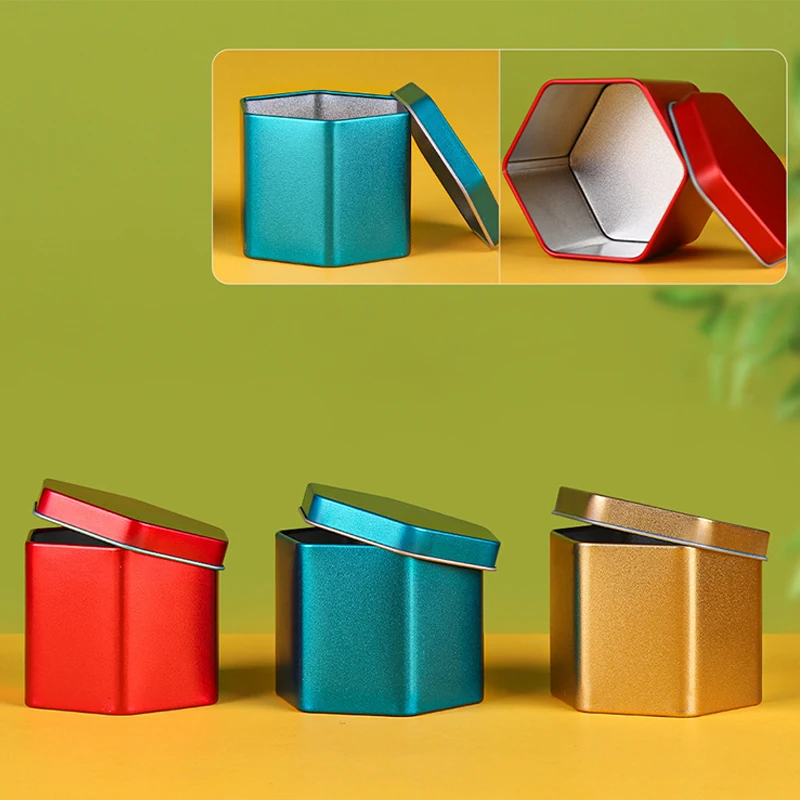 Portable tea tin box tea canister Solid Color Tea Sealed Box Teaware Storage Container Hexagonal Tinplate Can Coffee Sugar Kitchen Storage