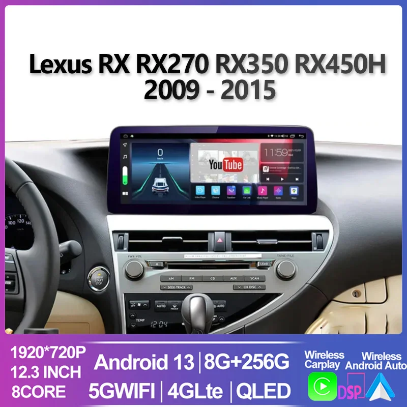 

For Lexus RX RX270 RX350 RX450H 2009 - 2015 Android 13 8+128G Car Radio Multimedia Video Player CarPlay Autoradio GPS Navigation