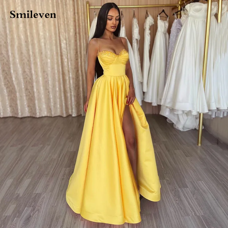

Smileven Yellow A line Formal Evening Dress Sweetheart Spaghetti Strap Prom Dresses Side Split New Celebrity Party Gowns
