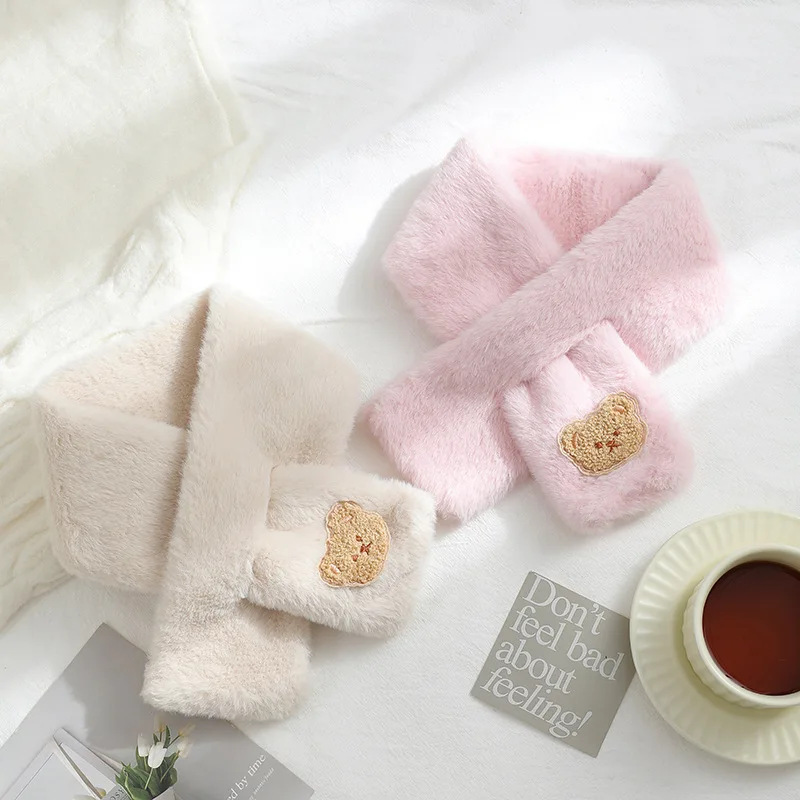 Scarf Kids Winter Plush Cartoon Bear Thick Imitation Rabbit Fur Warm Boy Girl Neckerchief Outdoor Windproof Neck Covers