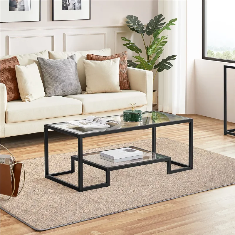 

Smile Mart Modern Glass Coffee Table with Metal Frame, Black furniture living room furniture living room