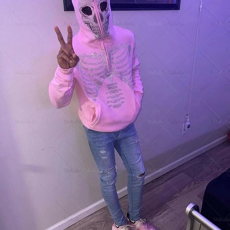Womens Y2k Fashion Hoodie Skull Rhinestone Zip Up Hoodie grunge Women's Oversized Sweatshirt Punk Harajuku Long Sleeve Outerwear