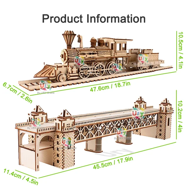 Ury 3D Wooden Puzzle Retro Steam Train with Track Railway Bridge Handmade Assembly Truck Model DIY Toys Decoration Gift for Kids 2