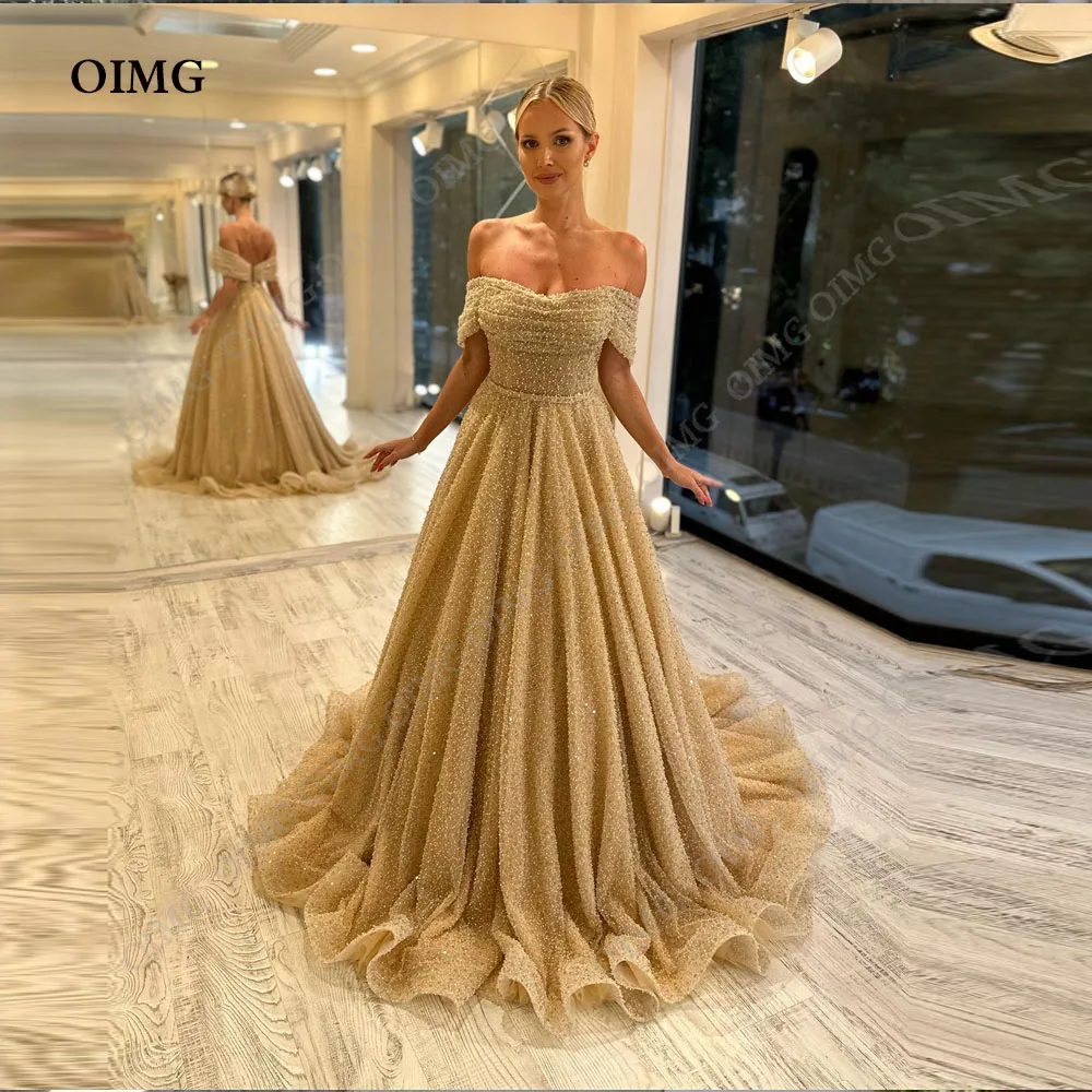 

OIMG Bling Gold A Line Shiny Wedding Dresses Off Shoulder Bohemia Women's Princess Bridal Gowns Robe De Mariée Vestido فست