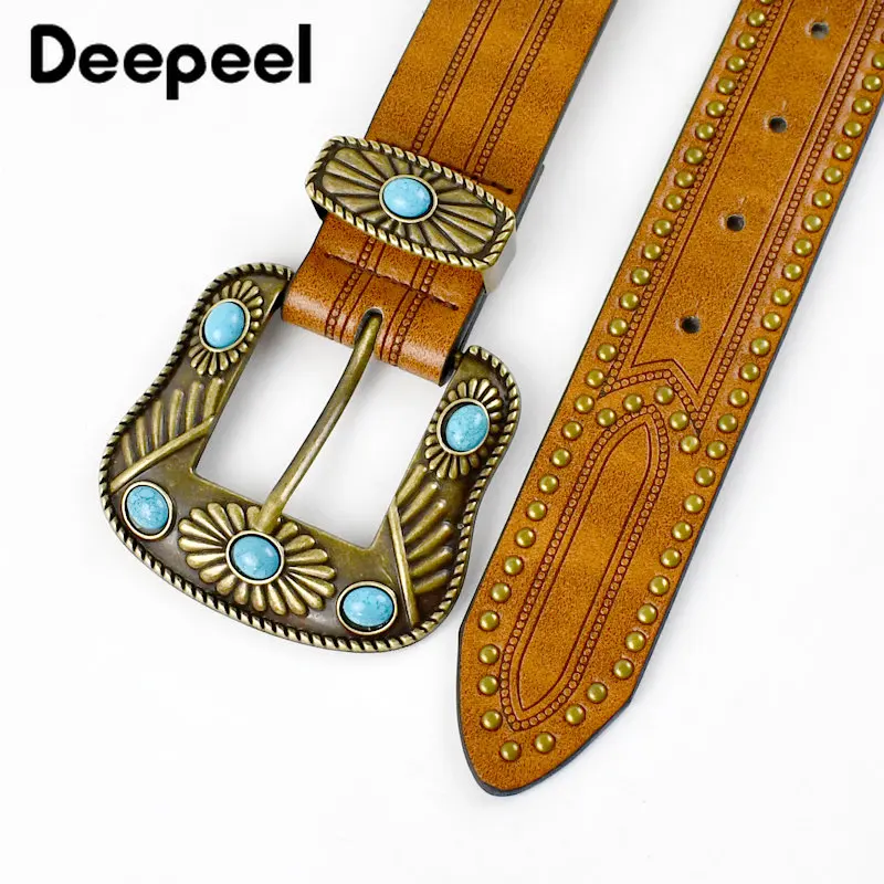 Deepeel 3.8*120cm Women's Vintage Leather Belt Cowboy Stone Buckle Belts  for Women Embossed Decorative Wide Waistband with Jeans