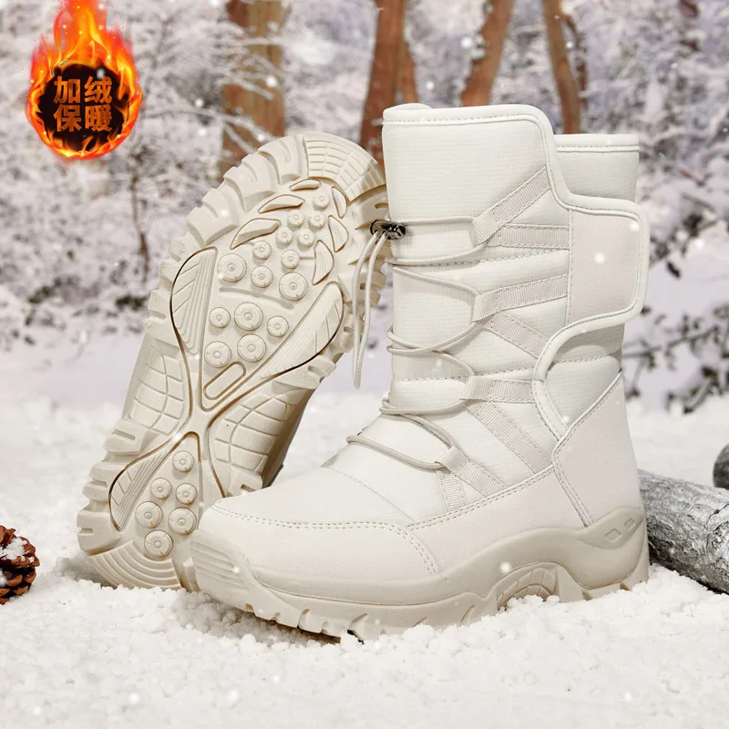 High quality mid calf leather snow boots for women 2023 winter size 41 42 hiking outdoor mountain plush warm shoe - beige purple