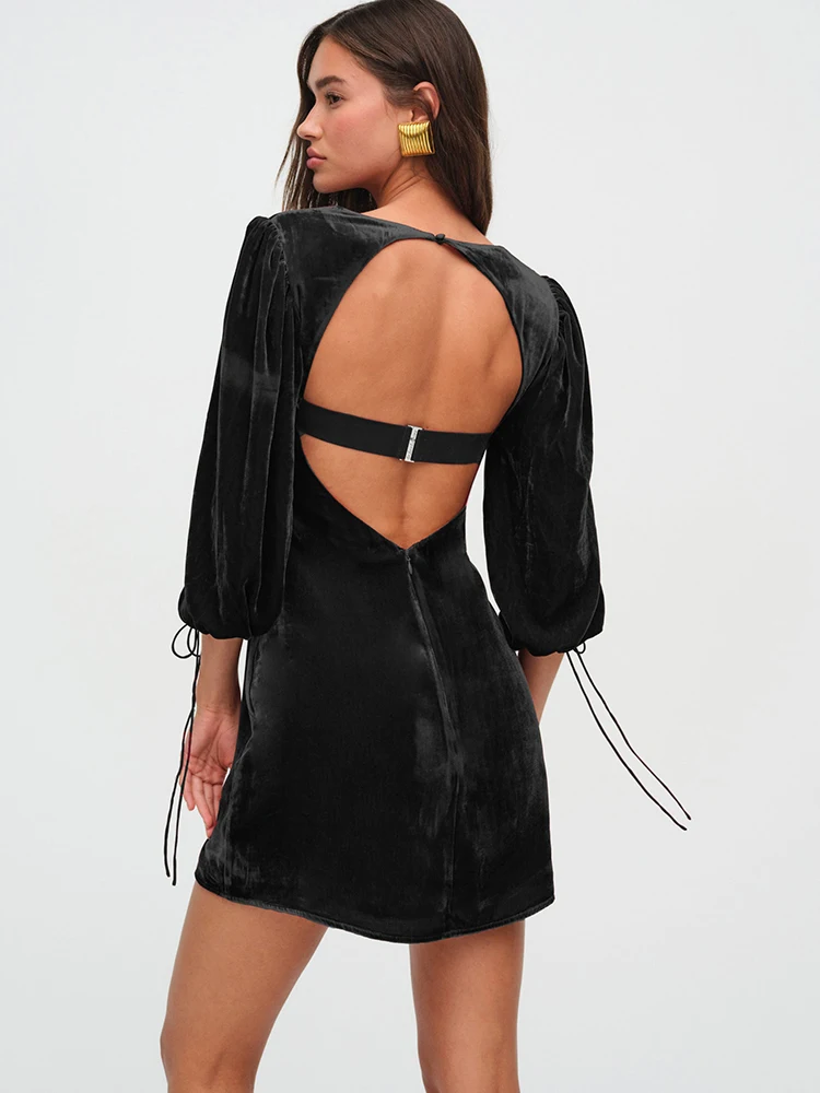 JULISSA MO Sexy Backless Lace Up Women Dress Black Long Sleeve Square Collar Dress Female Winter Slim Elegant Party Club Outfit