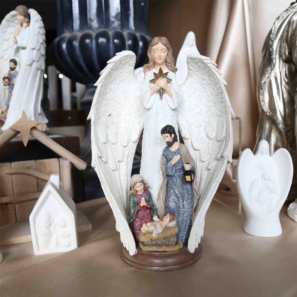 

Christmas Holy Family Statue Nativity Scene Figurines Color Relief Pattern Effect Angel Wings Scene Decoration Home Ornaments