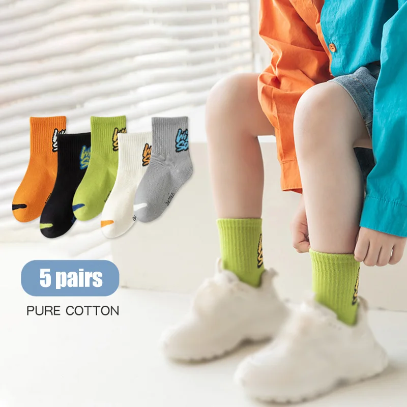 

5Pairs/lot Spring Autumn Girls Boys Socks Cotton Soft Socks Letter Printed Sports Socks 3-15Years Simple Children Socks