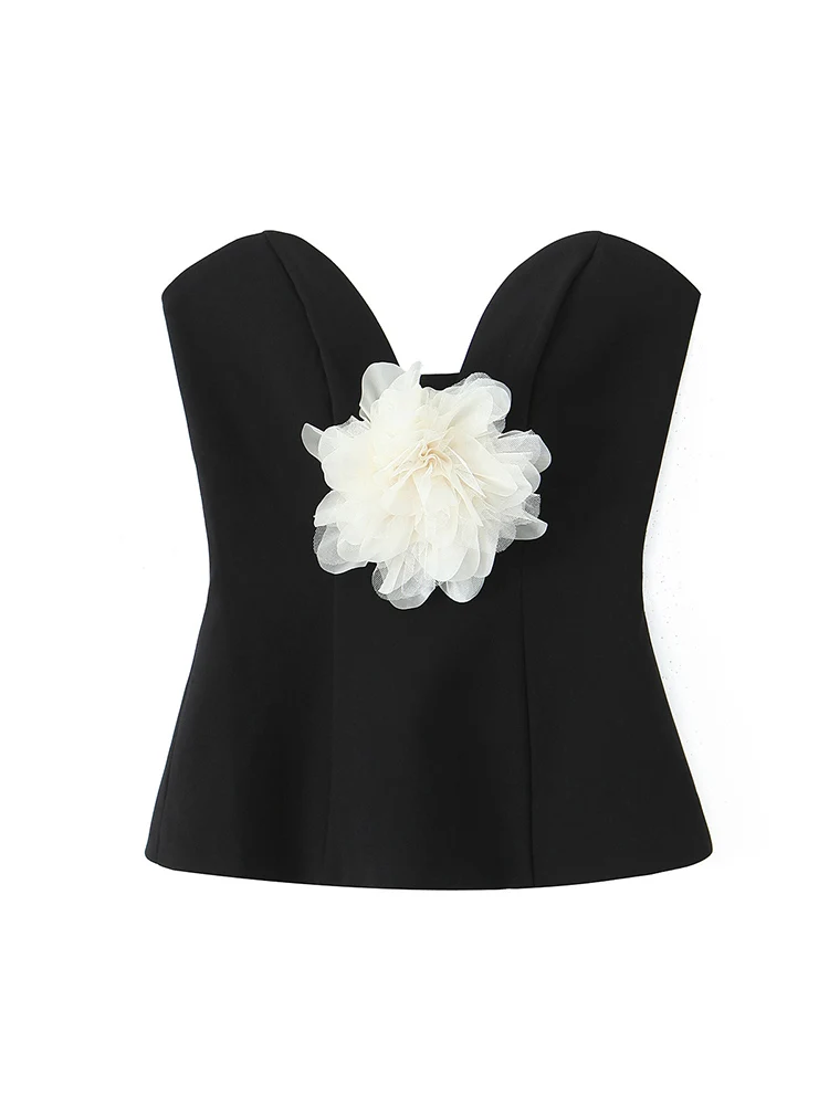  Women Strapless Tube Tops 3D Flower Decoration Summer New Fashion Solid Vest Female Casual Off Shoulder Streetwear Outfits