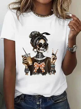 Women's Halloween Skeleton Graphic Print T-Shirt Skull Printed Short Sleeve T Shirt Clothing Top Tee Summer Ladies Girls Shirt 1