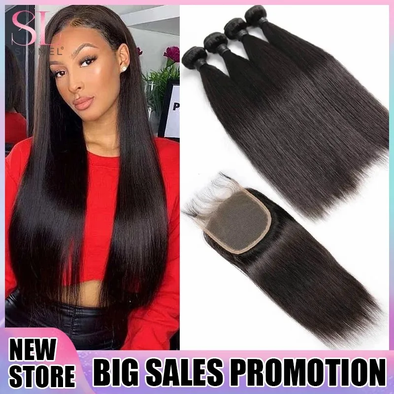 Straight Human Hair Bundles With Closure Brazilian Weaves Human Hair