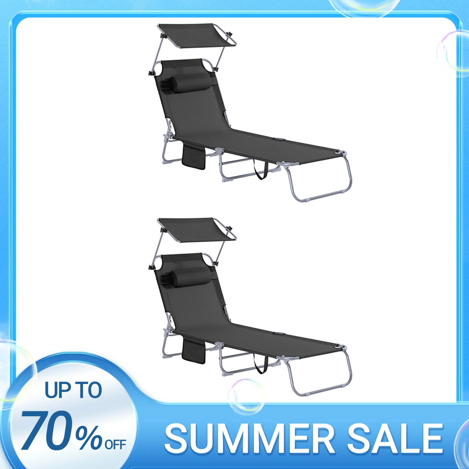 SoBuy OGS48x2 2-piece set of sun loungers with a sunshade and pillow cushion, foldable relaxation chairs for gardens, courtyards, and beaches