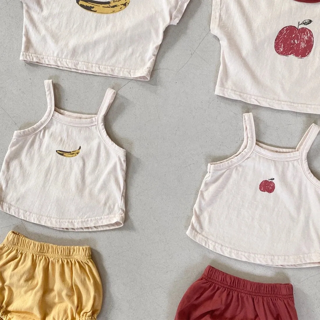 Baby Girl Fashion Fruit Three-piece Set Sexy Sling Vest Boy Simple Short Sleeves T-shirt Boy Solid Loose Pp Shorts Suit 3pc baby clothes set gift