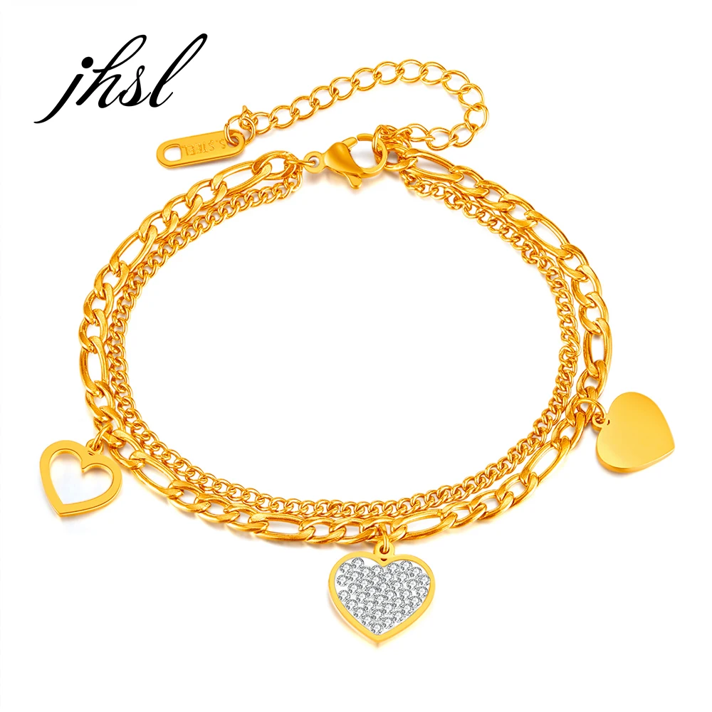 

JHSL Female Women Heart Charm Statement Layered Bracelets Hand Chain Fashion Jewelry Gold Color Stainless Steel New Arrival