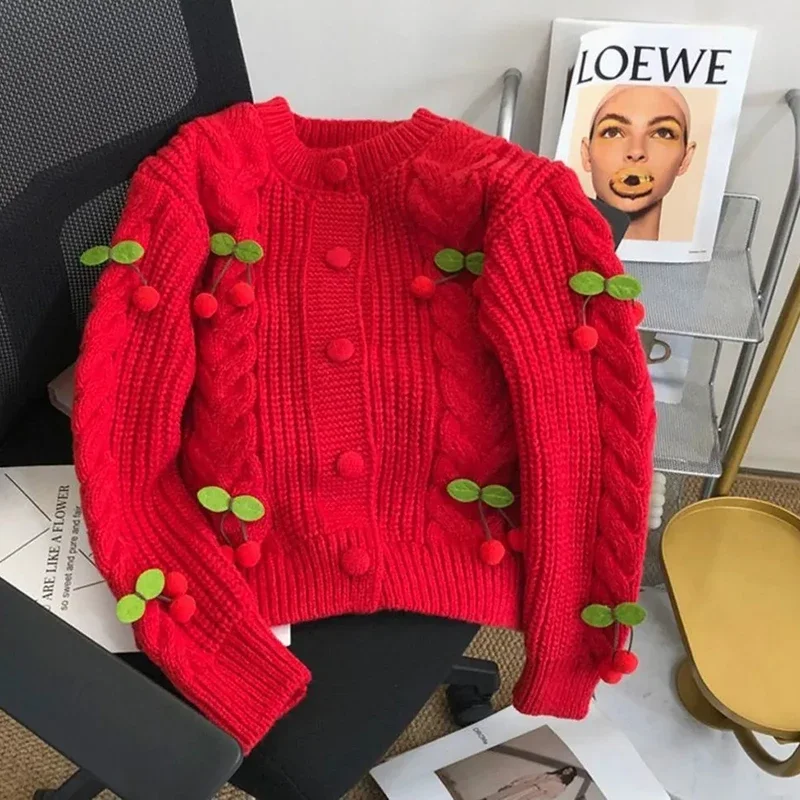 HELIAR 3d Cherry Sweet Cardigan Sweaters Women Casual Elegant Long Sleeve Korean Knit Coat Fall Loose Fashion Design Female Top 4