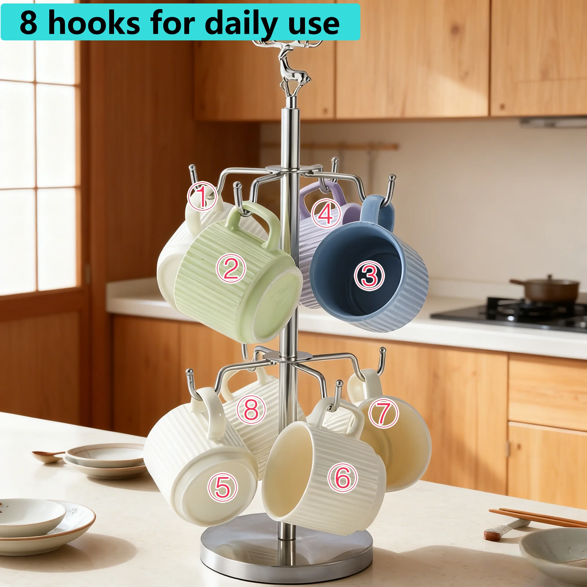 شجرة حامل الأكواب مع 8 خطافات، حامل أكواب القهوة م...