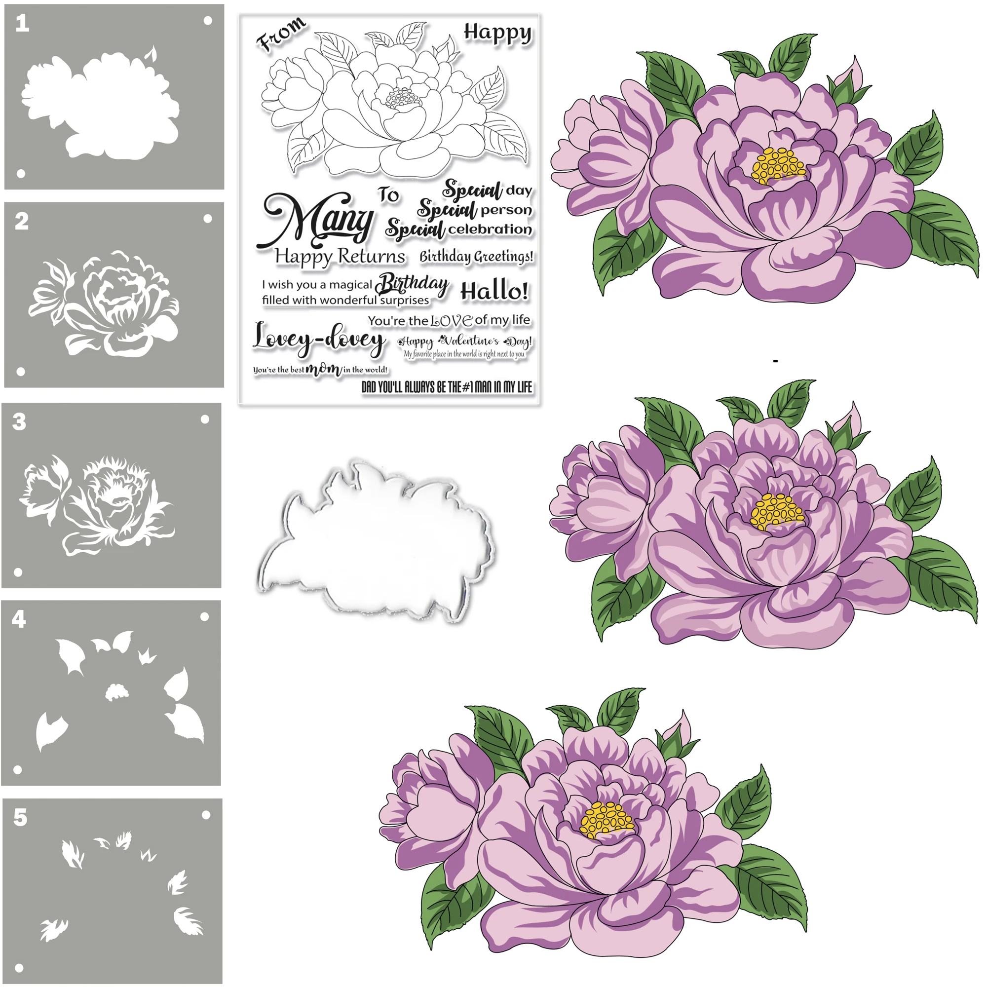 Alinacutle Flower Peony Clear Stamp with Metal Cutting Dies Cut, Stencils, Paper Craft Handmade Cards Etched Die
