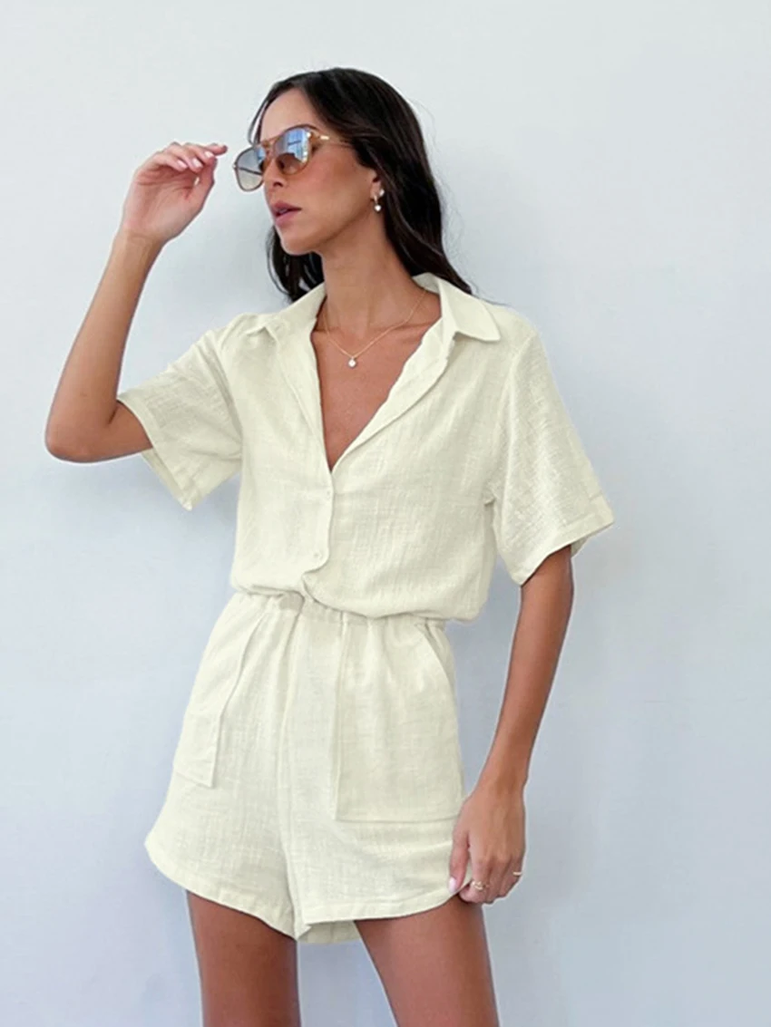 Marthaqiqi Casual Ladies Sleepwear Short Sleeve Nightgowns Sexy Turn-Down Collar Nightwear Summer Solid Cotton Women'S Jumpsuit