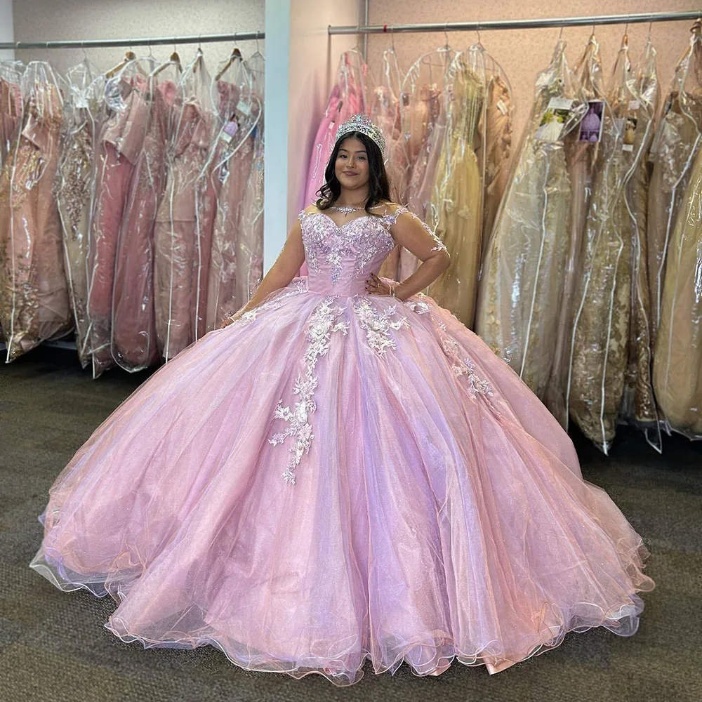 Pink Princess Quinceanera Dresses 2024 Scoop Long Sleeves Ball Gown Sweet 15 Dress Birthday Prom Party Gowns