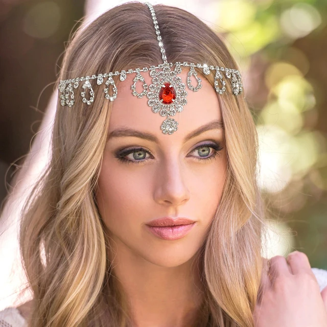 Crystal Water Drop Hollow Crescent Moon Head Chain Forehead Jewelry Bridal  Boho